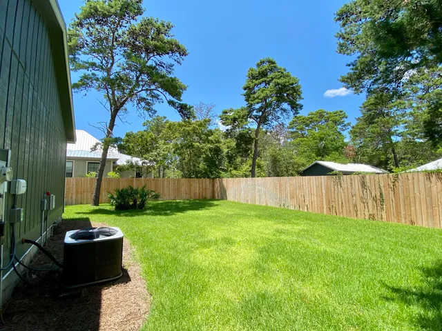 a view of backyard with potted plants and a large tree