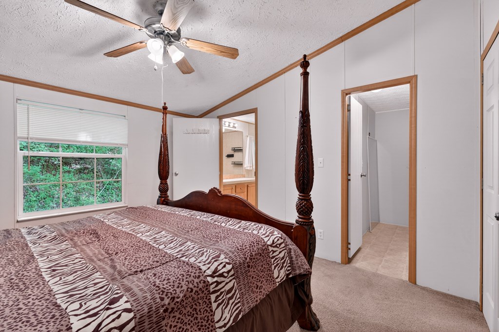 282 West Cherry Road Hayesville, NC 28904 - Photo 13 of 45 a bedroom with a large bed chandelier and a window
