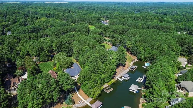 an aerial view of residential houses with outdoor space and trees