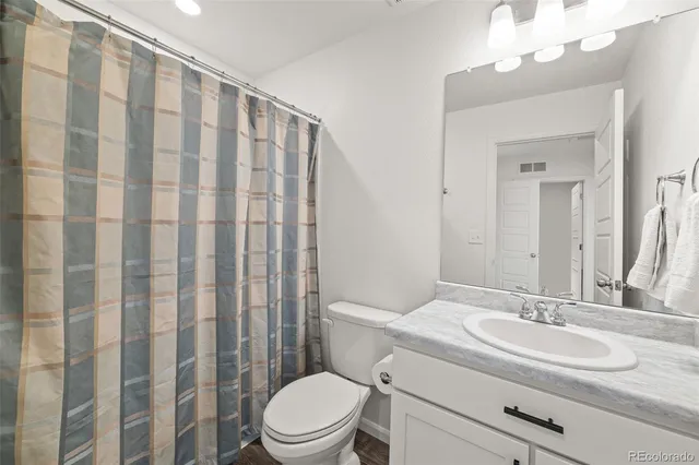 a bathroom with a sink a toilet and shower curtain
