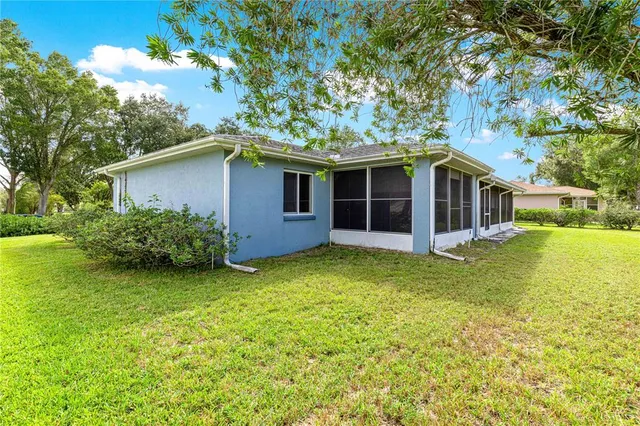 a view of a house with a yard potted plants and large tree