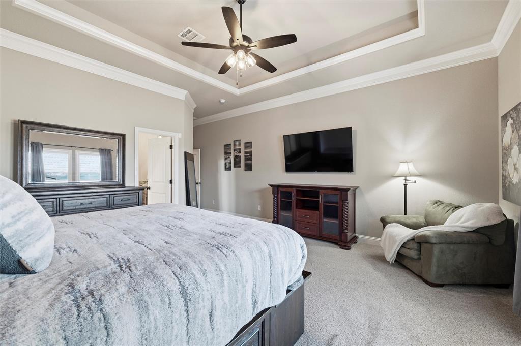 121 Bluff Ridge Court Paradise, TX 76073 - Photo 14 of 33 Bedroom with a tray ceiling, light colored carpet, crown molding, and a ceiling fan
