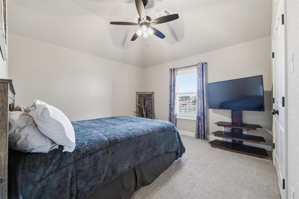 121 Bluff Ridge Court Paradise, TX 76073 - Photo 24 of 33 Bedroom with carpet floors, a ceiling fan, and lofted ceiling