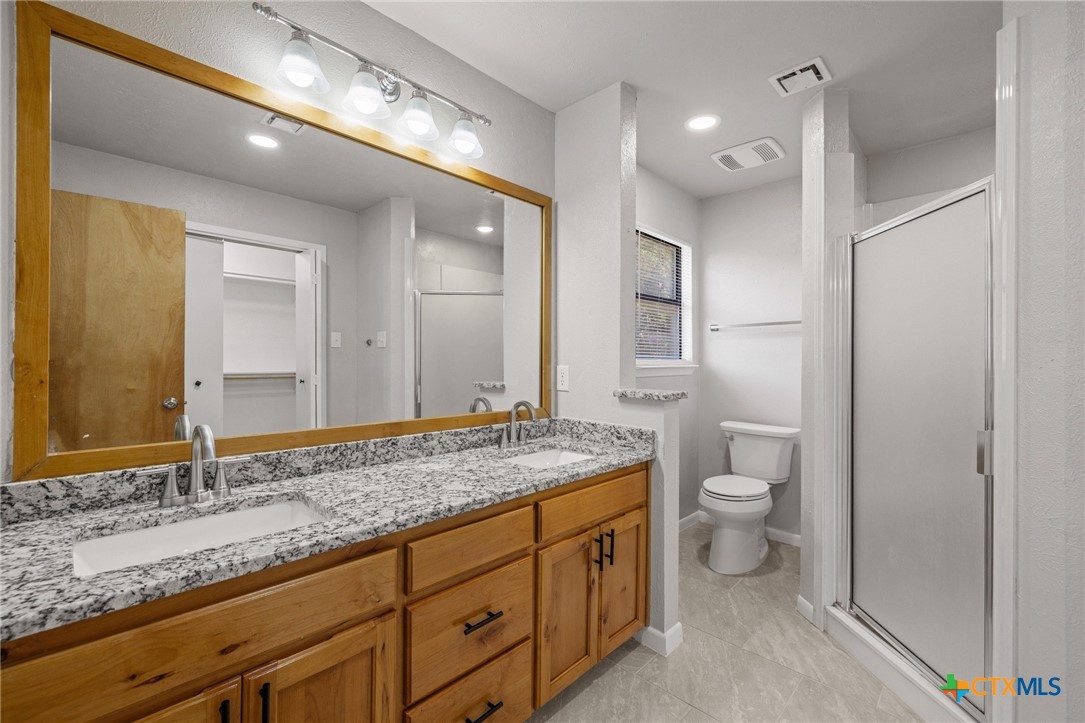 1120 Old Mill Road Salado, TX 76571 - Photo 20 of 42 a bathroom with a granite countertop sink a toilet and large mirror