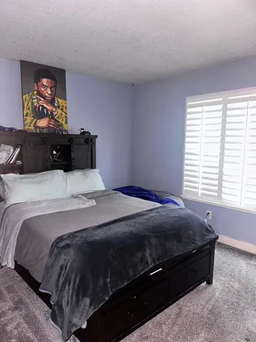 a bedroom with a bed and window