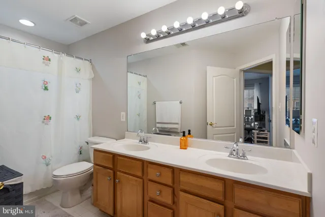 a bathroom with a double vanity sink mirror double and toilet