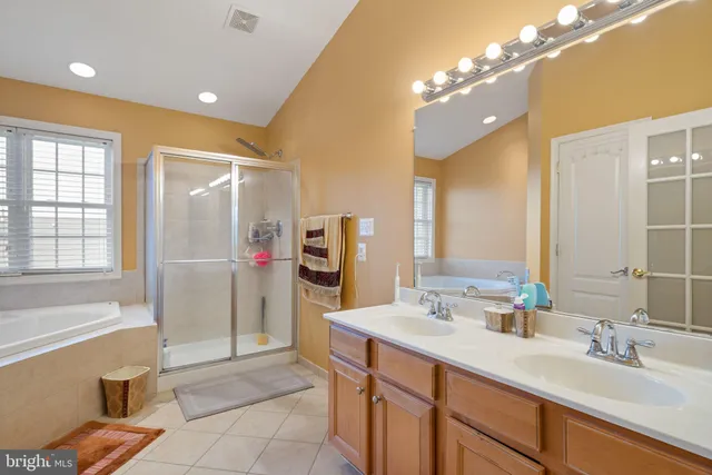 a bathroom with a double vanity sink mirror and shower