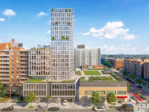 a front view of a multi story building