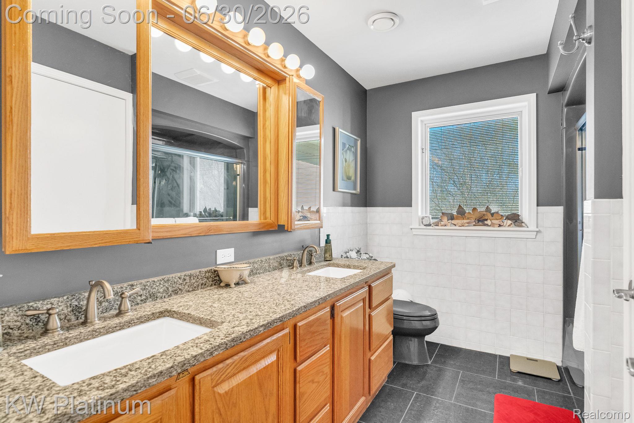 2235 South Lake Shore Road Harbor Beach, MI 48441 - Photo 45 of 99 Bathroom featuring a dual vanity with granite countertops and undermount sinks, wood cabinetry, and a large mirror with integrated lighting