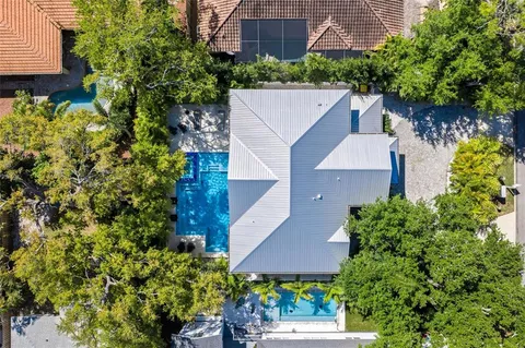 a view of a yard with plants and trees