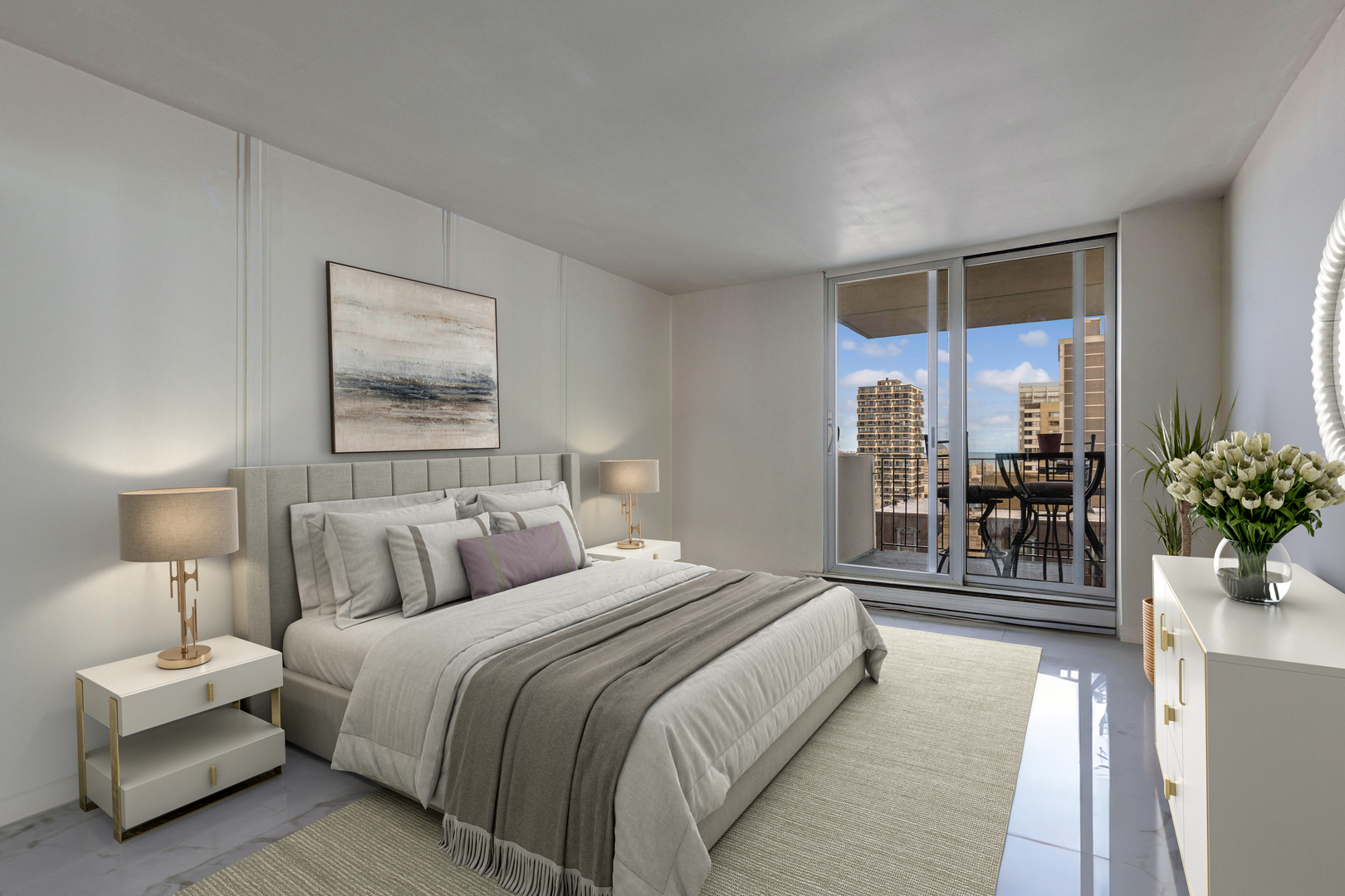 6033 North Sheridan Road, Unit 20K Chicago, IL 60660 - Photo 7 of 25 a bedroom with a balcony a bed and a lamp