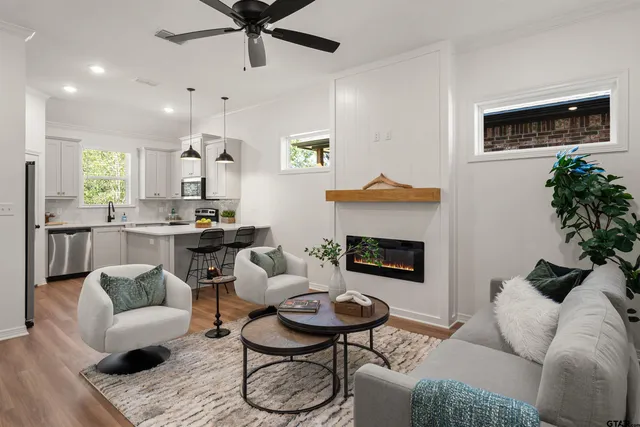 a living room with furniture and a fireplace