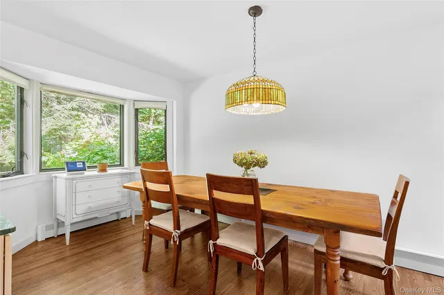 a view of a dining room with furniture window and wooden floor