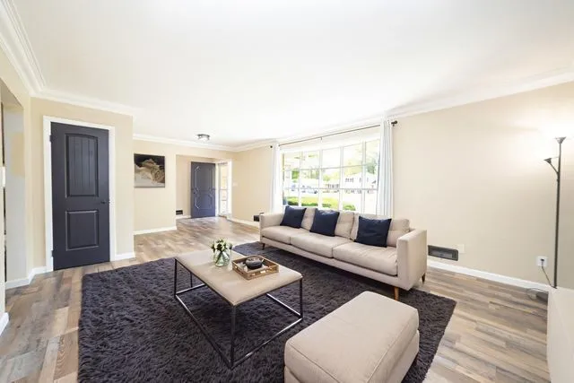 a living room with furniture a rug and a window