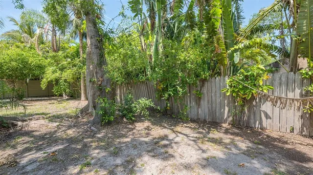 a view of a yard with plants and trees