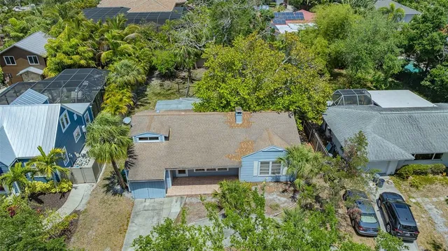 a view of a yard with plants and trees