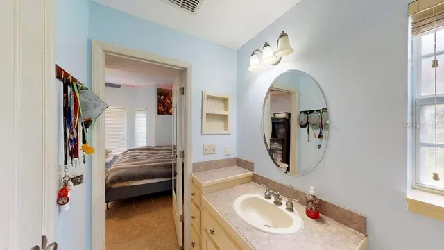 a bathroom with a sink and a mirror