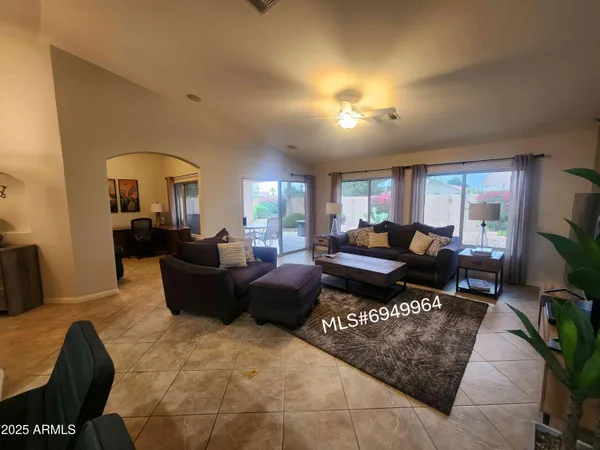 a living room with furniture potted plant and a window