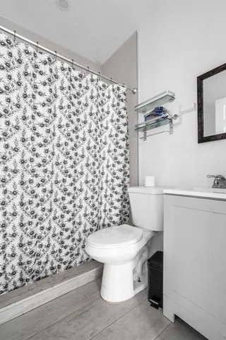 a white toilet sitting next to a shower curtain