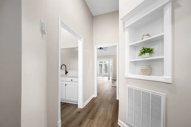 a view of kitchen with wooden floor