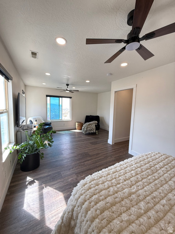 965 North 800 East Springville, UT 84663 - Photo 26 of 46 Bedroom featuring recessed lighting, a textured ceiling, wood finished floors, and ceiling fan