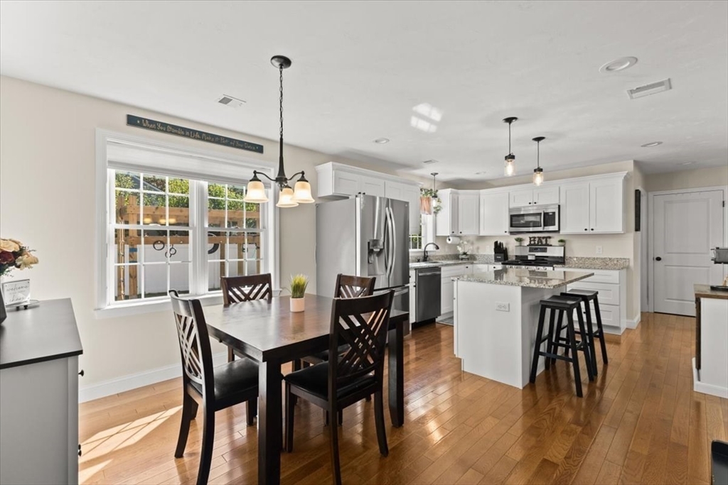 25 Upton Street Hanson, MA 02341 - Photo 3 of 30 a dining room with stainless steel appliances kitchen island granite countertop a dining table chairs and granite counter tops
