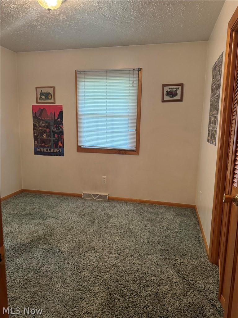 Carpeted spare room featuring a textured ceiling