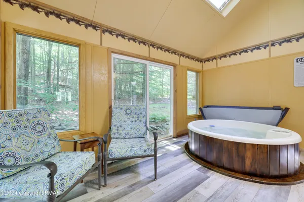 a view of a tub in a bathroom