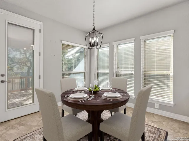 a view of a dining room with furniture window and outside view
