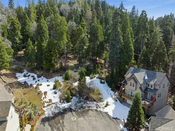 a view of a yard with large trees