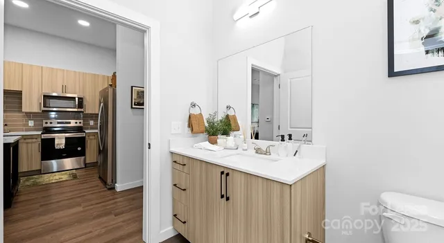 a bathroom with a sink a toilet a mirror and vanity