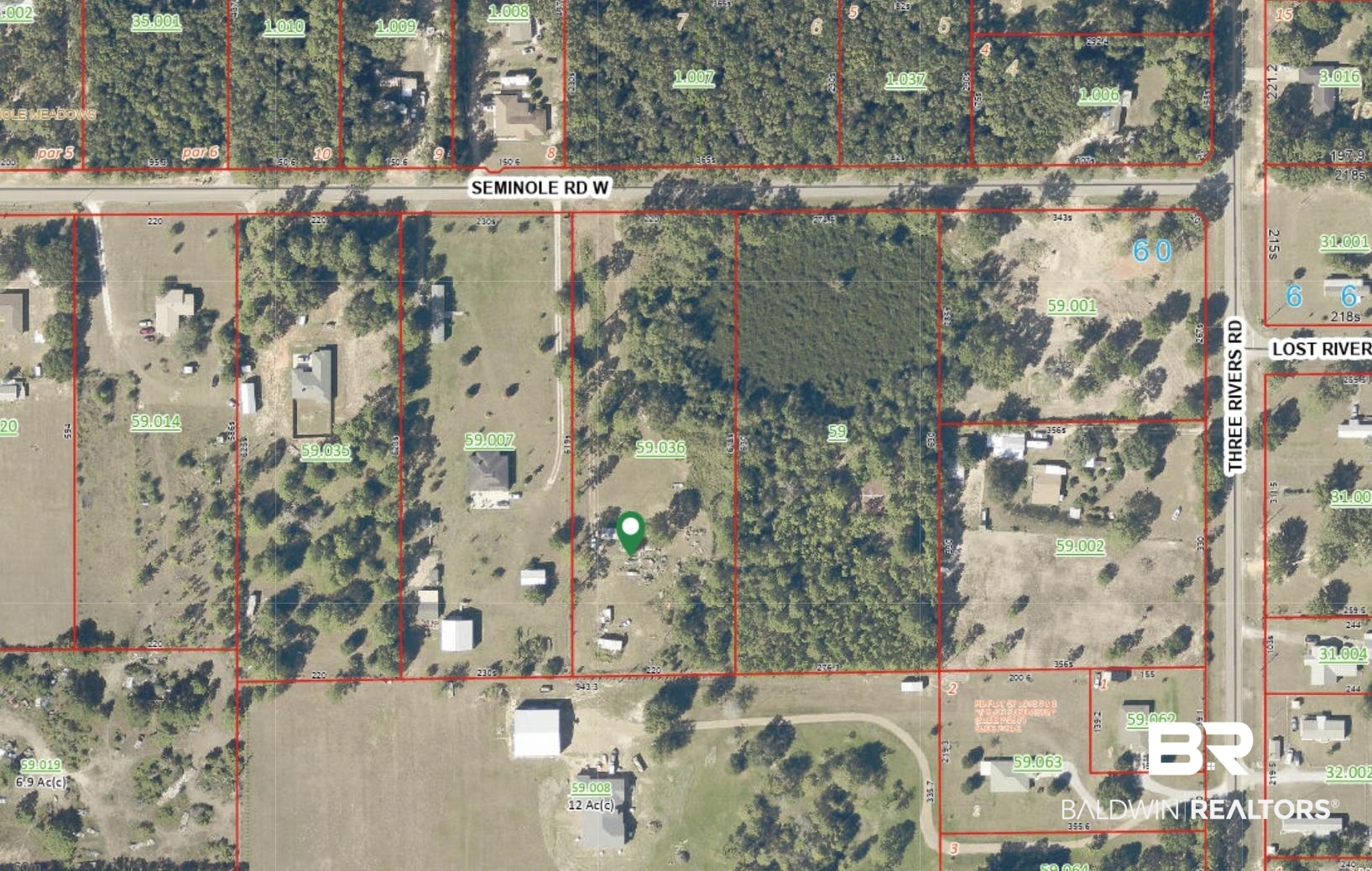 32840 Seminole Road West Seminole, AL 36574 - Photo 1 of 11 Aerial map of property and surrounding area with property parcel outlined