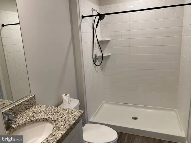 a bathroom with a granite countertop shower sink and toilet