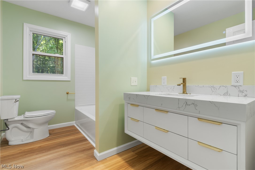 1075 Northeast River Road Lake Milton, OH 44429 - Photo 17 of 34 Bathroom with wood-finish flooring, a white vanity featuring a stone-look countertop, integrated sink, and gold-tone faucet, and an illuminated mirror