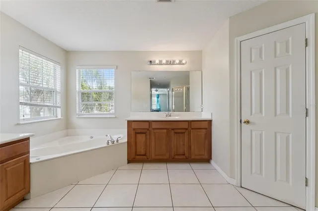 a spacious bathroom with a mirror a bathtub and a sink