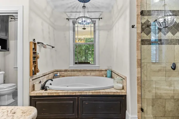 a bathroom with a granite countertop sink and a toilet
