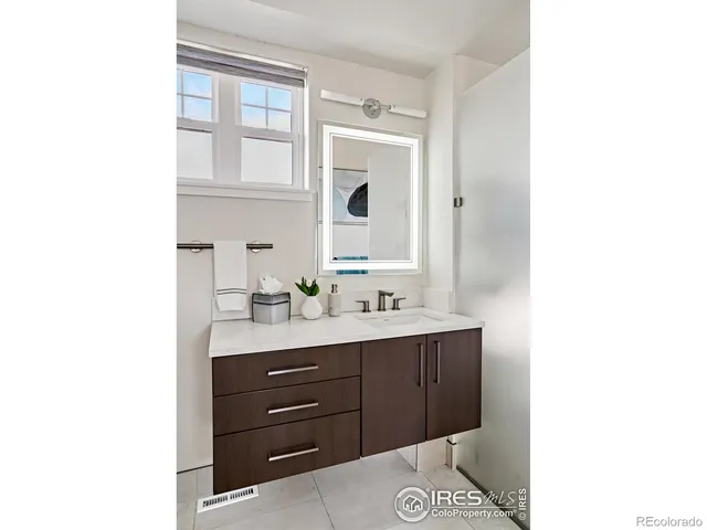 a bathroom with a sink a mirror and vanity