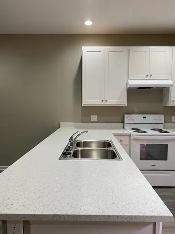 a kitchen with a sink a stove and cabinets