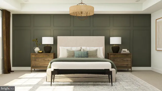 a bedroom with a bed and cabinets