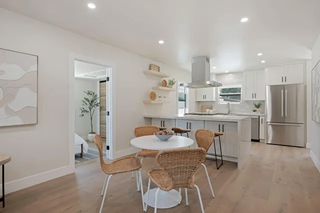 a view of a dining room with furniture and wooden floor