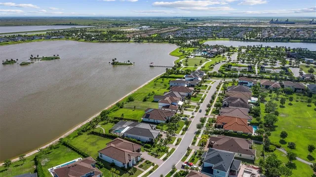 an aerial view of a swimming pool