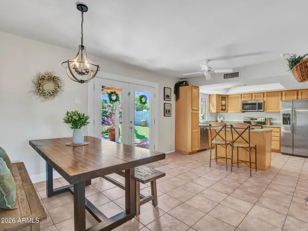 a view of a dining room with furniture