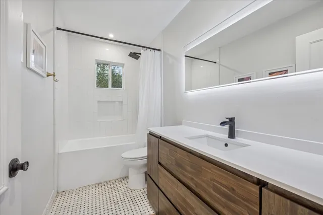 a bathroom with a sink a toilet a shower and a mirror