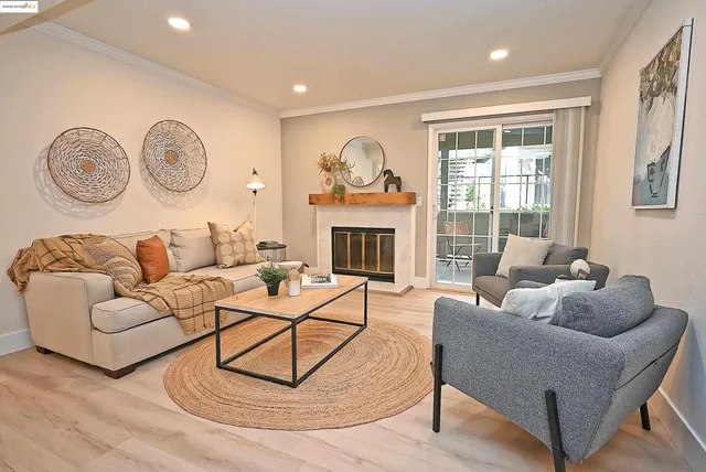 a living room with furniture a rug and a fireplace
