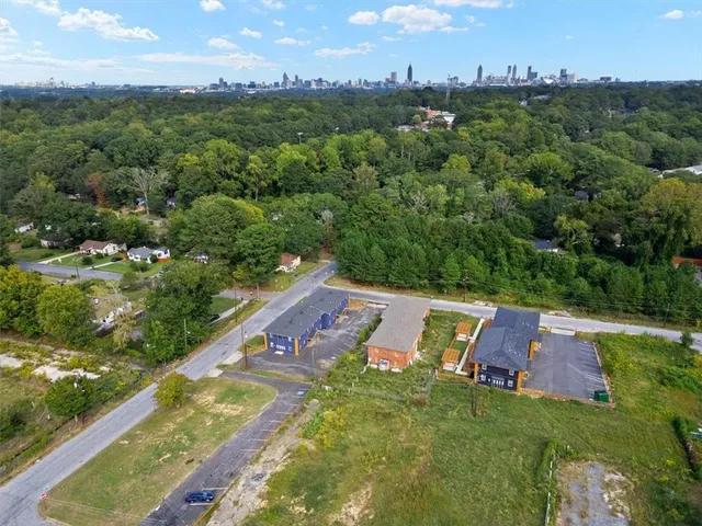 an aerial view of a house with a garden