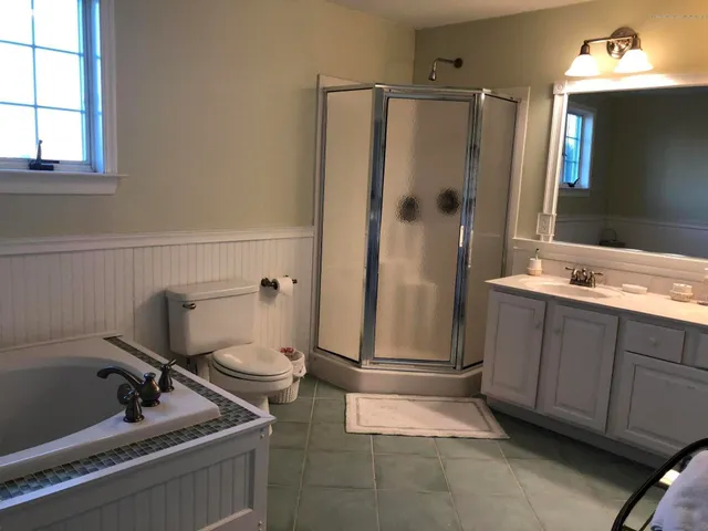a bathroom with a double vanity sink toilet and shower