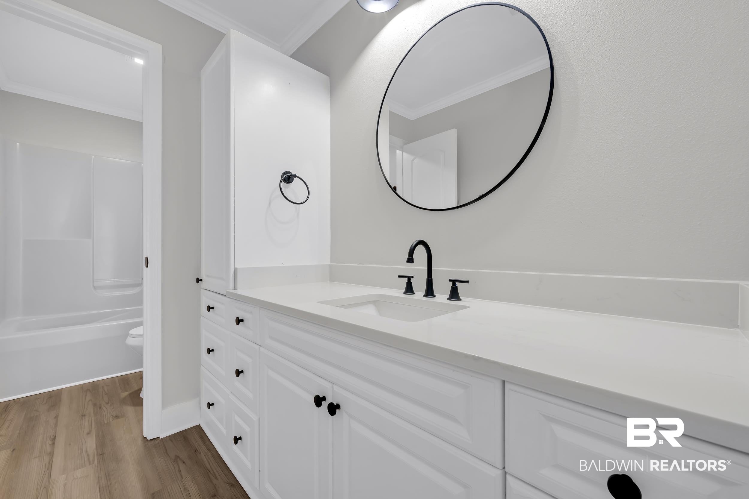 8351 Theodore Dawes Road Theodore, AL 36582 - Photo 16 of 46 Bathroom featuring crown molding, vanity, light wood-type flooring, and tub / shower combination