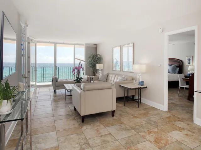 a living room with furniture and a potted plant