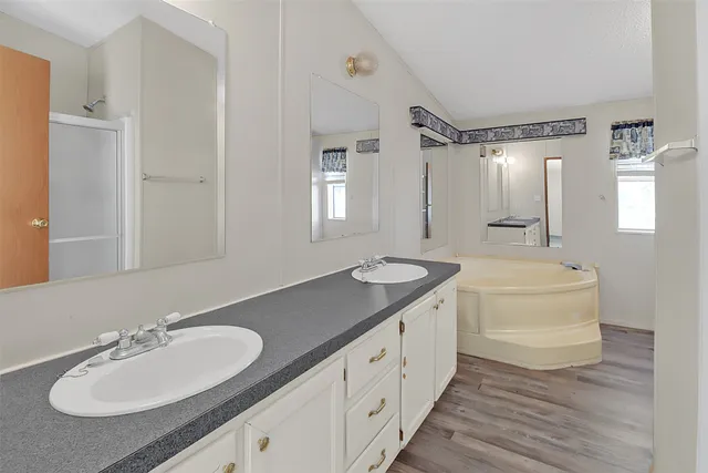 a bathroom with a double vanity sink a mirror and a bathtub