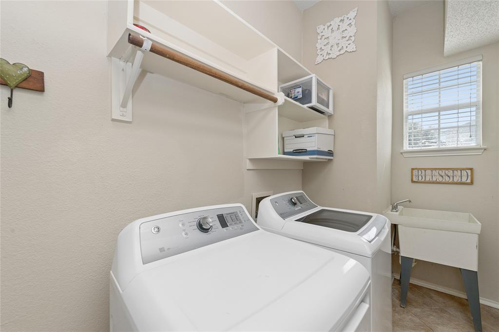 4202 Timberglen Road Dallas, TX 75287 - Photo 17 of 40 Utility space featuring a window with blinds, wall-mounted shelving, and a utility sink
